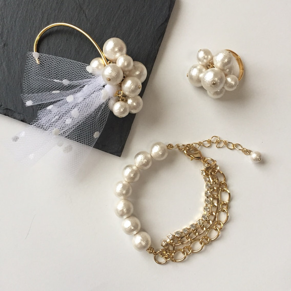 (Bridal collection) Cottonpearl×dot tulle イヤーフック(片耳) ★ white 3枚目の画像