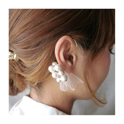 （新娘系列）純棉珍珠×organdy耳鉤（單耳）★白色 第1張的照片