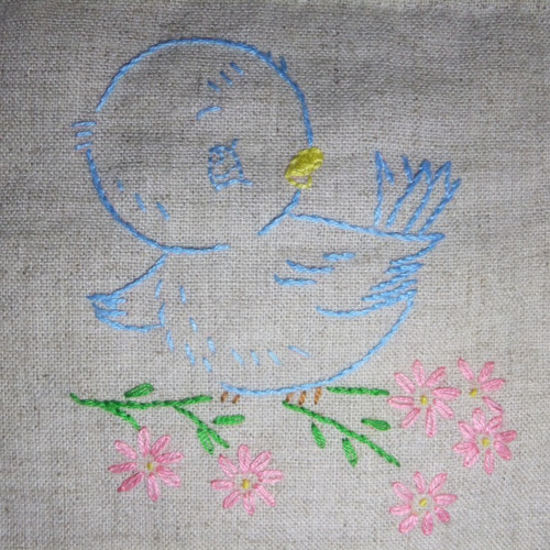 ナインパッチワークキルト☆かわいい小鳥刺繍とパッチワークの