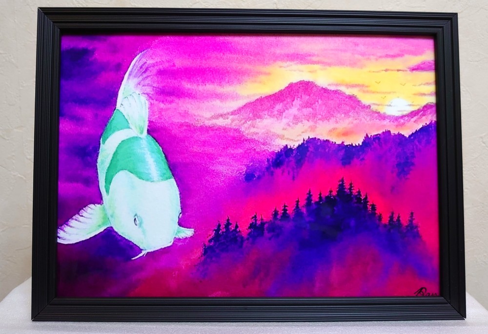 ☆夕方の山と空を泳ぐ鯉／風景画／複製画／A4／簡易的な額縁