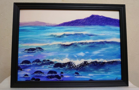 ☆丘の見える海／風景画／複製画／A4／簡易的な額縁付き。 絵画