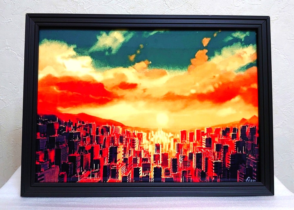 【更に値下げしました】西洋風絵画 ☆夕陽から始まる街／風景画／複製画／A4／簡易的な額縁付き