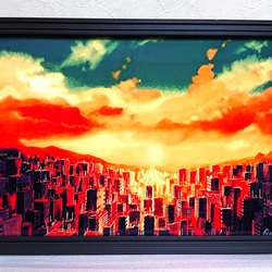風景画『夕陽と輝く波』 ／原画 一点物 水彩画 手書き ※額縁等は