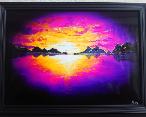 ☆夕陽と海／風景画／複製画／A4／簡易的な額縁付き。 絵画