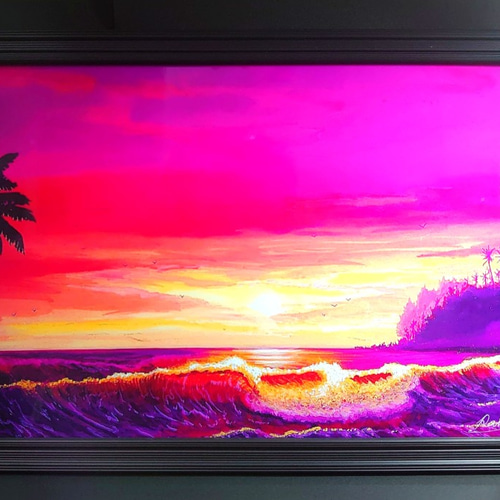 ☆夕陽と輝く波。／風景画／複製画／A4／簡易的な額縁付き