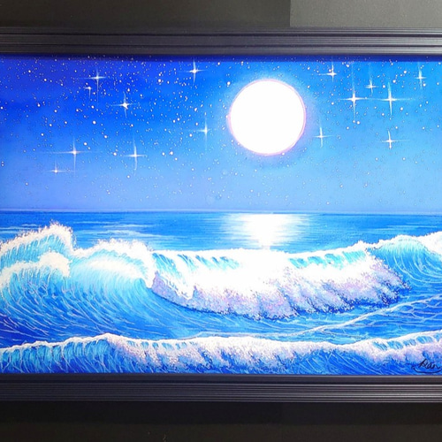 夜の海と満点の星空)パステル画 アクリル画 風景画☆ 尊く 夜の海と満点の星空)パステル画 アクリル画 風景画☆ 尊く