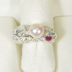 8mmアコヤ真珠とオパール、ルビー、SV925、再生ダイヤモンドの指輪（リングサイズ：10号、ハート、ロジウム） 4枚目の画像