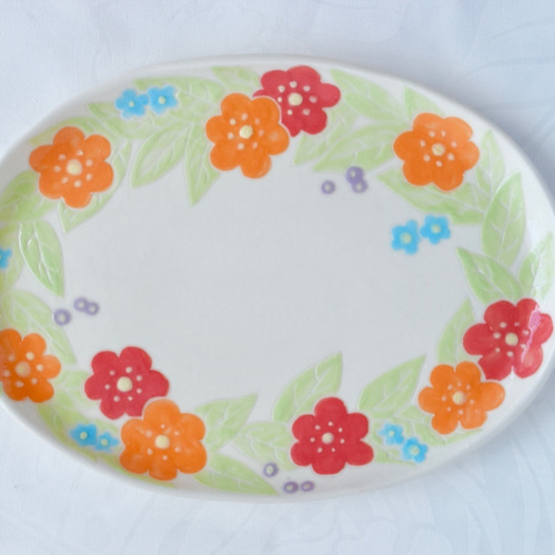 【モモ】未使用♪陶あん アンシンメトリーが可愛い花柄のお皿 2個セット s1527 未使用品 You&Me 花柄 陶器 楕円皿 5枚セット萬宝窯