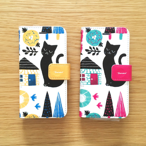 【全機種対応】手帳型スマホケース（オレンジ／ブルー）猫のいる庭【Android/iPhoneケース】 6枚目の画像