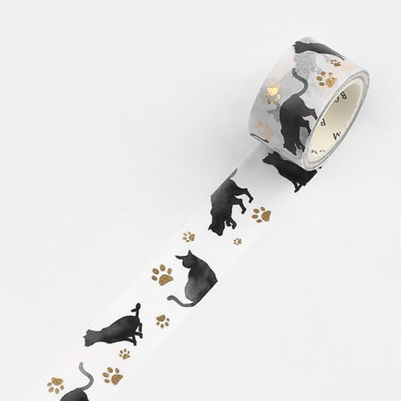 新商品！『BGM ライフ“箔押し 「ゴールド・黒猫」柄　マスキングテープ』～20mm×5m巻き～ 2枚目の画像