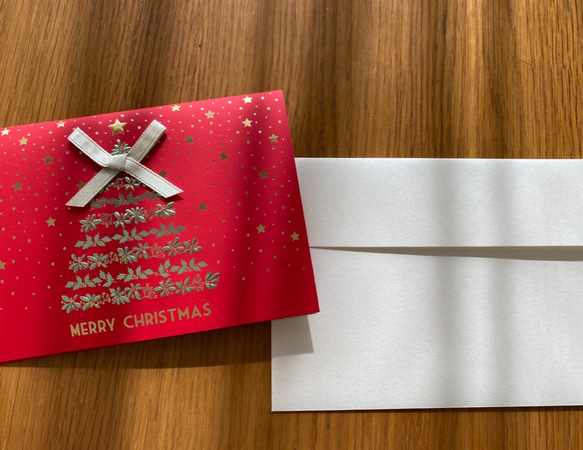 再入荷！イタリア製　大人のクリスマスカード『エンボス加工　きらきら箔押し　クリスマスツリー』～中紙付き～ 2枚目の画像