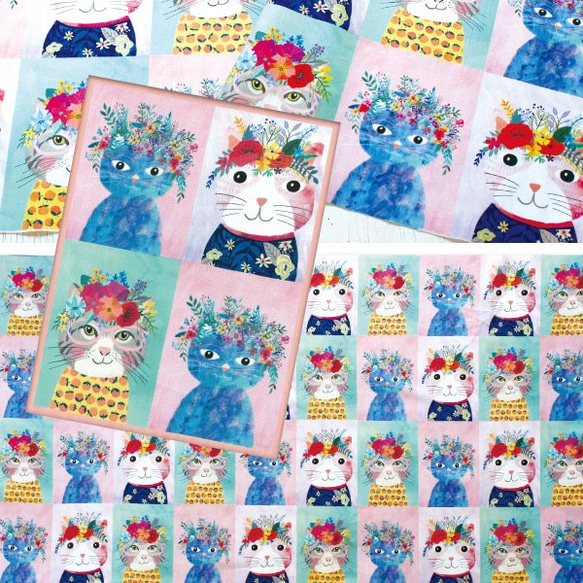 在庫限り！人気！『Blend fabric ブレンドファブリック　Floral　CAT』～パネル生地60㎝単位でカット～ 1枚目の画像