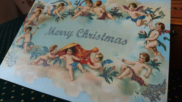 新入荷！ドイツ製♪『アンティーク調 ラメ入り　クリスマス ポストカード』～エンジェル  同柄2枚セット～ 5枚目の画像