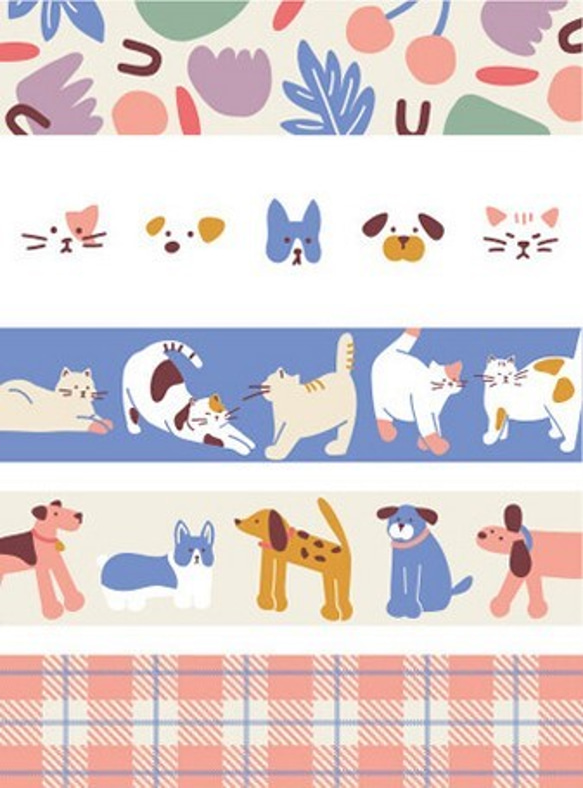 新入荷！『犬や猫の仲間たち　マスキングテープ』～ 1シートに5つのデザインシール、8シート入り～ 4枚目の画像