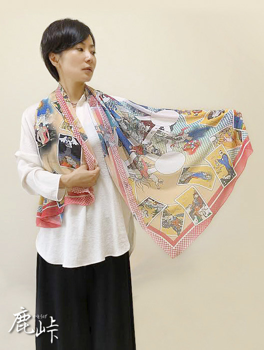 タロットに動物と植物があふれる不思議柄ショール　幅70cmタイプ（コーラルピンク縁）