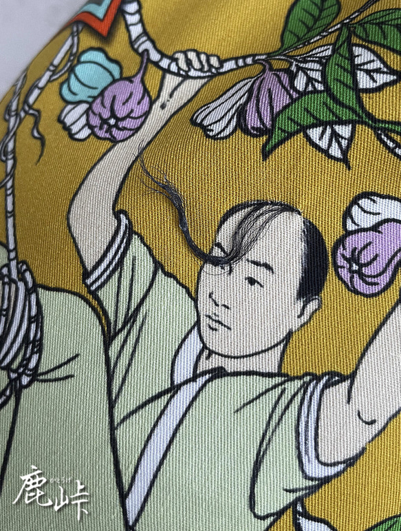 底マチ＆裏地付き ゆるふわ植毛刺繍の巾着(カーキー系) 2枚目の画像