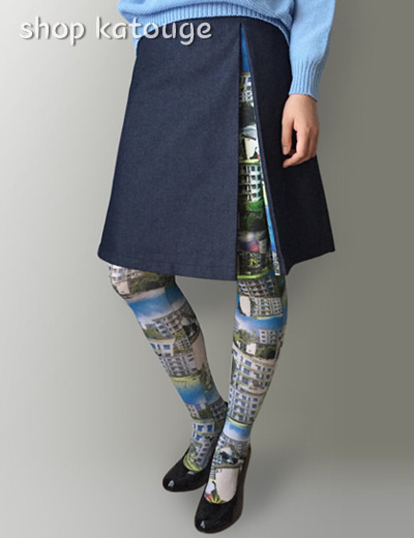 デニムと昭和の団地風柄のボックスプリーツスカート 3枚目の画像