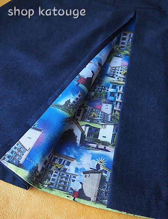 デニムと昭和の団地風柄のボックスプリーツスカート 4枚目の画像