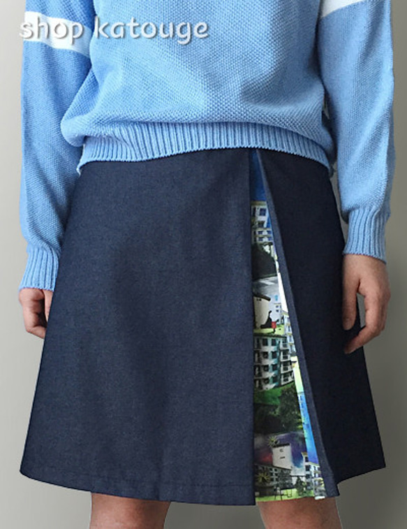 デニムと昭和の団地風柄のボックスプリーツスカート 6枚目の画像