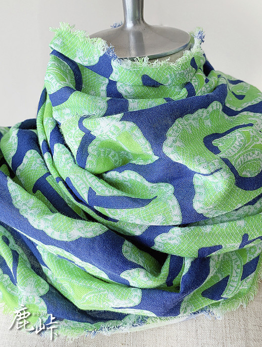 青リンゴの様なレース刺繍風『脳柄』と飾り文字のダブルガーゼショール(藍色系)