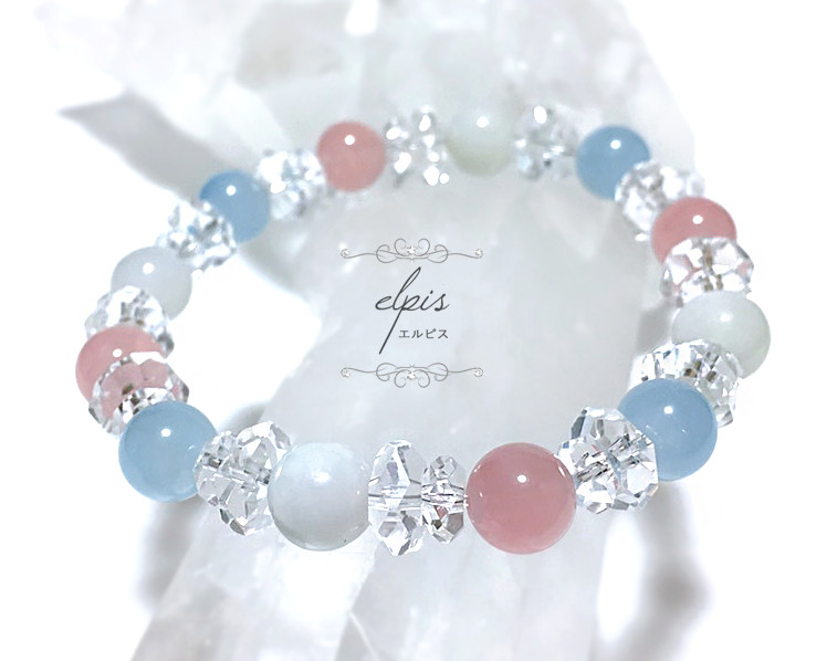 アクアマリン＆ディープローズクォーツ＆ミャンマー翡翠＆カット水晶のブレスレット 4,374円
