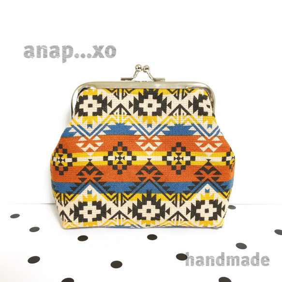 オレンジ系 ネイティブ オルテガ チマヨ柄 がま口 手のひらサイズ