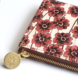 L型拉鍊錢包（巧克力宇宙）真皮緊湊花卉圖案女式 第3張的照片