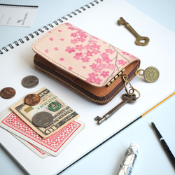 鑰匙錢包【迷你錢包+鑰匙包】（櫻花）牛皮緊湊型櫻花 第1張的照片
