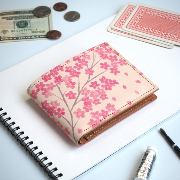 二つ折り財布（サクラ） 牛革 メンズ レディース 桜 1枚目の画像