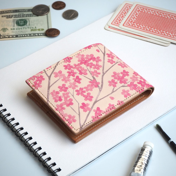 二つ折り財布（サクラ） 牛革 メンズ レディース 桜 2枚目の画像