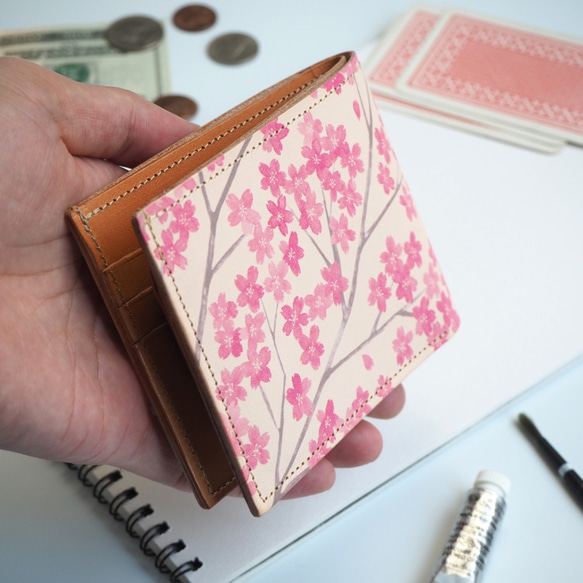 二つ折り財布（サクラ） 牛革 メンズ レディース 桜 3枚目の画像