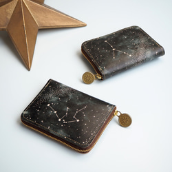 ラウンドファスナー コンパクト 財布（12星座の星空※12デザイン) 牛革 レディース メンズ 1枚目の画像