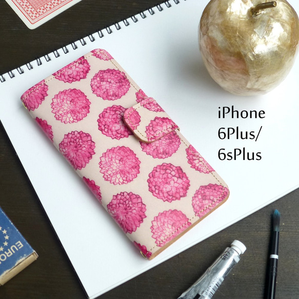 iPhone6Plus/6sPlus アイフォンケース 手帳型（ダリアドット）牛革 ILL-1132 1枚目の画像