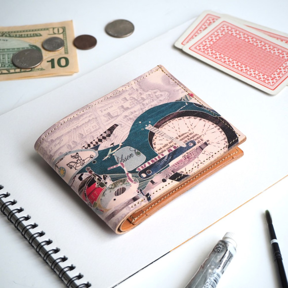 二つ折り財布（レトロ バイク）オールレザー 牛革 メンズILL-1152 1枚目の画像