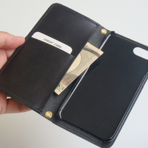 iPhone7/8 ファスナーポケット付 アイフォン ケース（ブラック）手帳型 牛革 ILL-1180 4枚目の画像