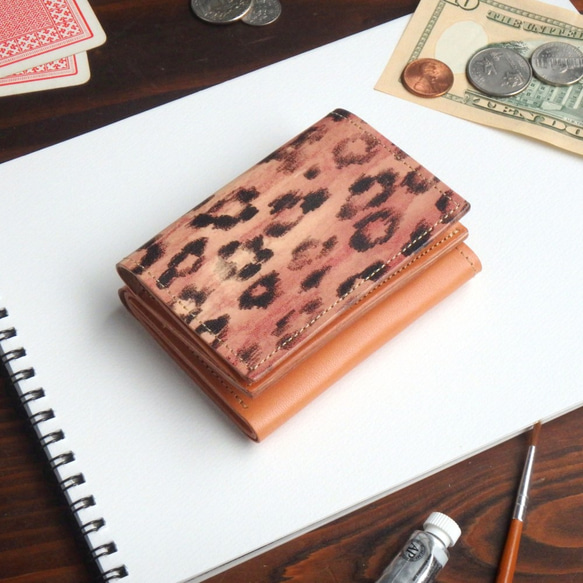 三つ折り ミニ財布（テガキ レオパード） 牛革 小さい コンパクト レディース ILL-1129 1枚目の画像
