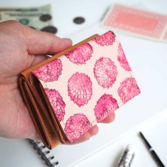 三つ折り ミニ財布（ダリア ドット）牛革 小さい コンパクト レディースILL-1129 2枚目の画像