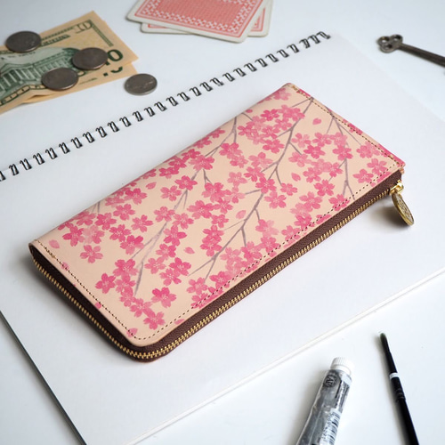 L字ファスナー長財布（サクラ) 牛革 花柄 レディース レザー 桜