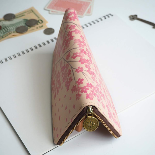 L字ファスナー長財布（サクラ) 牛革 花柄 レディース レザー 桜 長