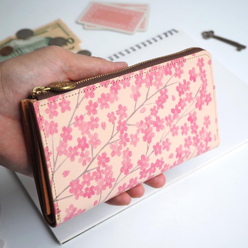 ハンドメイド本牛革長財布カードケース付き（桜柄） Amazon | 財布 長財布 さくら柄 桜柄 サクラ 桜 花柄 花