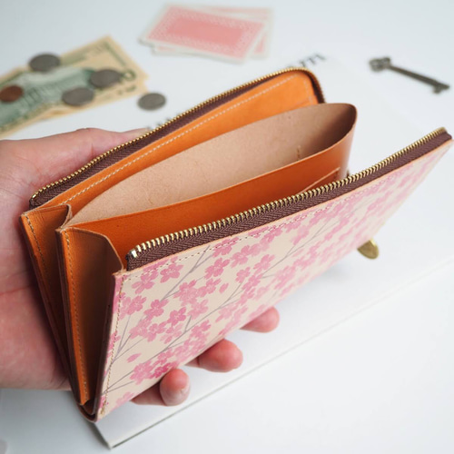 ハンドメイド本牛革長財布カードケース付き（桜柄）