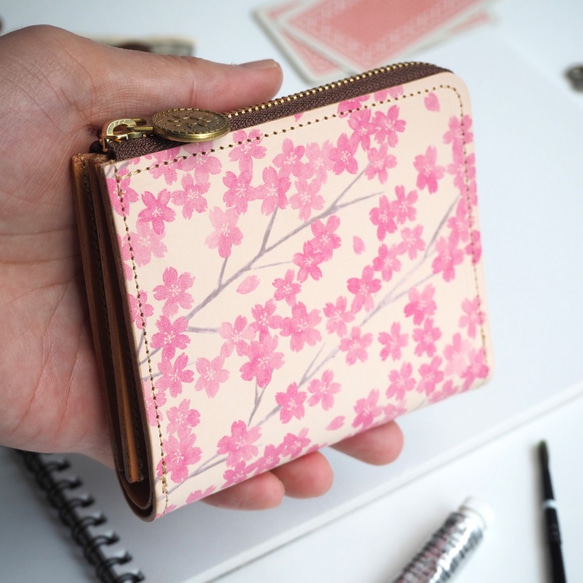 Ｌ字ファスナー 財布（サクラ） 本革 小さい コンパクト 桜 4枚目の画像