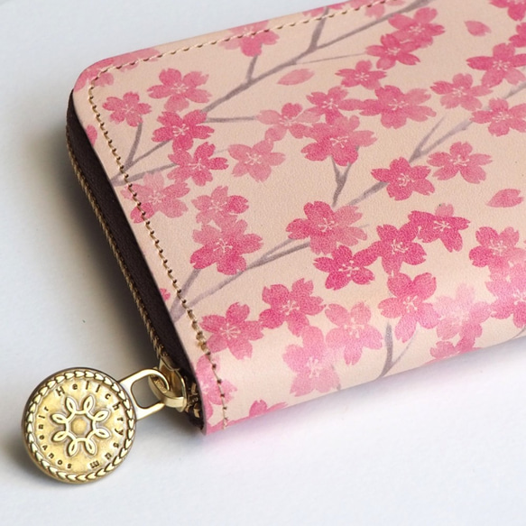 ラウンド ファスナー コンパクト 財布（サクラ）牛革 花柄 レディース 小さい 桜 3枚目の画像