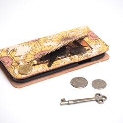 ファスナーポケット付 アイフォンケース（サンフラワー）牛革 コインが入る ILL-1189 2枚目の画像