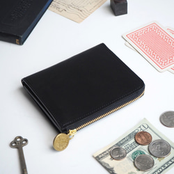 Ｌ字ファスナー財布（オイルレザー ブラック） 本革 コンパクト  レディース メンズ 1枚目の画像