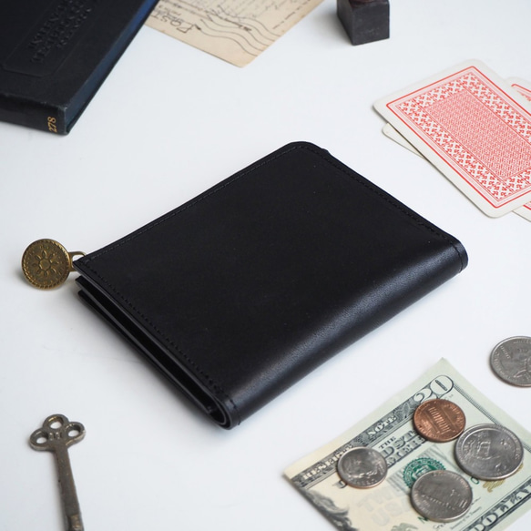 Ｌ字ファスナー財布（オイルレザー ブラック） 本革 コンパクト  レディース メンズ 3枚目の画像