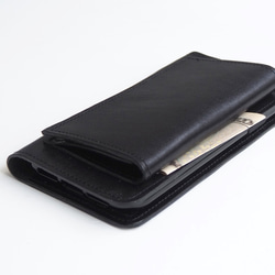フラップポケット付 iPhoneケース（オイルレザー ブラック）手帳型  牛革 TPUソフト 4枚目の画像