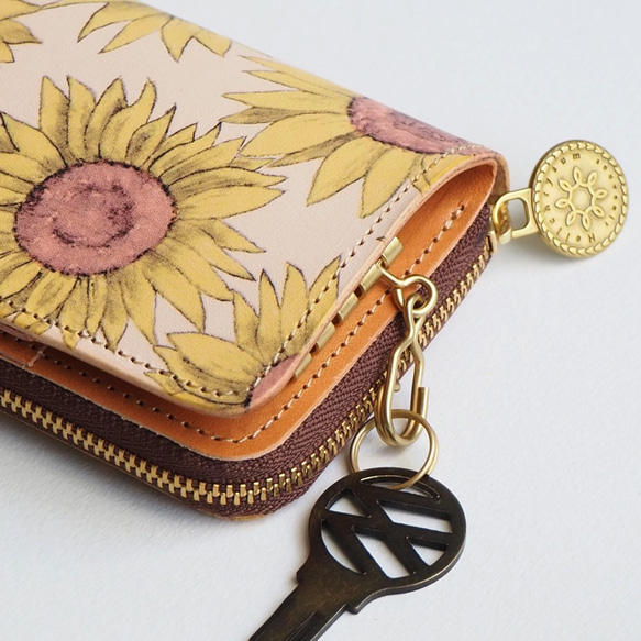 鑰匙錢包【小錢包+鑰匙包】（向日葵）牛皮緊湊型向日葵 第3張的照片