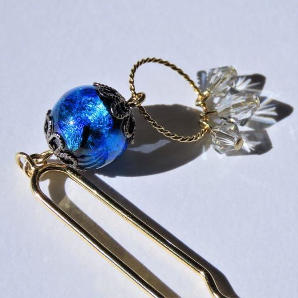 かんざし ほたる玉 ホタルガラス スワロフスキー 二又 和装 ブルー 青