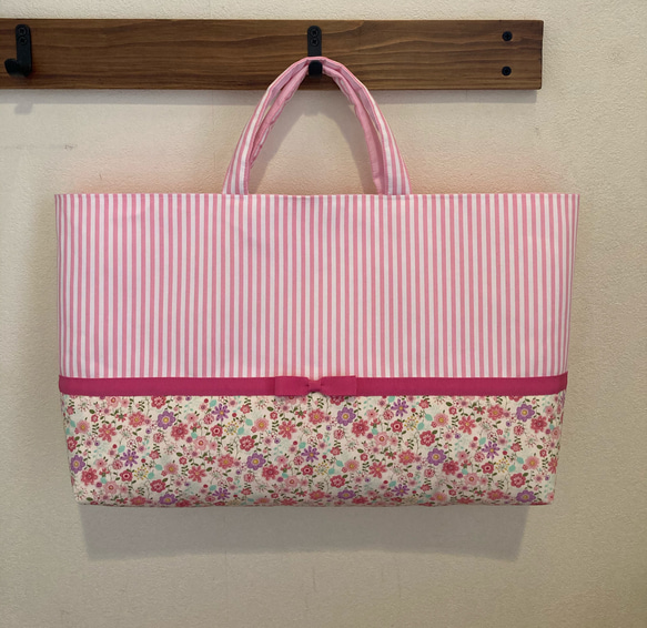 Clover様オーダー品》花柄×ピンクストライプ♡リボン レッスンバッグ 